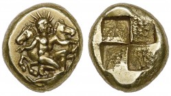 Mysia, Kyzikos, electrum hekte, c. 410 BC, naked Helios kneeling right holding foreparts of two horses prancing to left and right; tunny fish below, r...