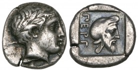 Mysia, Pergamon, diobol, c. 400-380 BC, laureate head of Apollo right, rev., ΠΕΡΓ, bearded head of satrap Eurysthenes (?) right wearing Persian headdr...