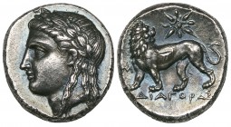 Ionia, Miletos, drachm, c. 340-325 BC, laureate head of Apollo left, rev., ΔΙΑΓΟΡΑΣ, lion standing left with head turned back; above, eight-pointed st...