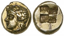 Ionia, Phokaia, electrum hekte, c. 360 BC, head of young satyr left, with animal’s ear and wearing ivy wreath with berries over forehead, rev., quadri...