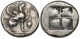 Ionia, Teos, stater, c. 478-449 BC, ΤΗΙΩΝ, griffin seated right with curled wing and left forepaw raised; to right, corn grain, rev., quadripartite in...