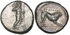 Satraps of Caria, Hekatomnos (392-377 BC), tetradrachm, Mylasa, Zeus Labraundos standing right, wearing chiton and himation, holding labrys (double ax...