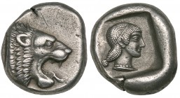 Caria, Knidos, drachm, c. 490-465 BC, forepart of lion right with open mouth, rev., head of Aphrodite right wearing taenia and with beaded hair, 6.13g...