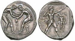 Pamphylia, Aspendos, stater, c. 370 BC, two nude wrestlers fighting; in lower central field, YMA, rev., [ΕΣΤ]FΕΔ[ΙΙΥΣ], young slinger about to shoot; ...