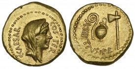 Julius Caesar (died 44 BC), aureus, Rome, 46 BC, with A. Hirtius as praetor, C CAESAR COS ITER, veiled head of Vesta right, rev., A HIRTIVS PR, lituus...