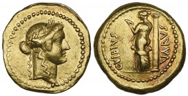 C. Vibius Varus, aureus, Rome, 42 BC, laureate head of Apollo right, rev., C VIBIVS VARVS, Venus standing left, leaning against column, nude but for d...