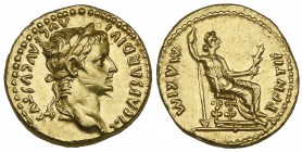 Tiberius (14-37), aureus, Lugdunum, undated, TI CAESAR DIVI AVG F AVGVSTVS, laureate head right, rev., PONTIF MAXIM, Livia as Pax seated right, holdin...