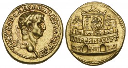 Claudius (41-54), aureus, Rome, 44-45, TI CLAVD CAESAR AVG P M TR P IIII, laureate head right, rev., IMPER RECEPT inscribed on praetorian camp within ...