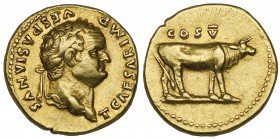Titus (79-81), aureus, as Caesar, Rome, 76, T CAESAR IMP VESPASIANVS, laureate head right, rev., COS V, heifer walking right, 7.31g, die axis 7.00 (RI...