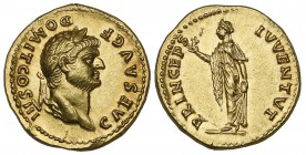 Domitian (81-96), aureus, as Caesar, Rome, 75, CAES AVG F DOMIT COS III, laureate head right, rev., PRINCEPS IVVENTVT, Spes advancing left, holding fl...