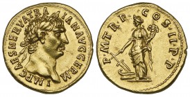 Trajan (98-117), aureus, Rome, 98-99, IMP CAES NERVA TRAIAN AVG GERM, laureate head right, rev., P M TR P COS II P P, Fortuna standing left, holding r...