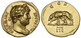Hadrian (117-138), aureus, Rome, 125-128, HADRIANVS AVGVSTVS, laureate head right with drapery on far shoulder, rev., COS III, she-wolf left, suckling...
