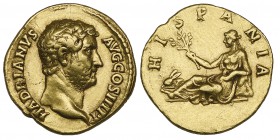 Hadrian (117-138), aureus, Rome, 134-138, HADRIANVS AVG COS III P P, bare head right, rev., HISPANIA, Hispania reclining left, holding olive branch; a...