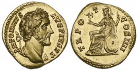 Antoninus Pius (138-161), aureus, Rome, 145-147, ANTONINVS AVG PIVS P P, laureate head right with drapery on far shoulder, rev., TR POT COS IIII, Roma...