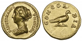 Faustina Junior (wife of Marcus Aurelius, died 175), aureus, Rome, undated, FAVSTINA AVG PII AVG FIL, draped bust left, rev., CONCORDIA, dove standing...