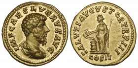 Lucius Verus (161-169), aureus, Rome, 162-163, IMP CAES L VERVS AVG, bare-headed, draped and cuirassed bust right, rev., SALVTI AVGVSTOR TR P III COS ...