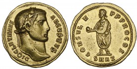 Diocletian (284-305), aureus, Antioch, 293, DIOCLETIANVS AVGVSTVS, laureate head right, rev., CONSVL V P P PRO COS, Diocletian standing left, holding ...