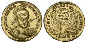 Constantius II (337-361), solidus, Sirmium, 357-361, FL IVL CONSTANTIVS PERP AVG, helmeted bust facing, holding spear and shield, rev., GLORIA REIPVBL...