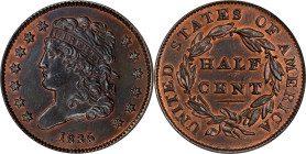 1835 Classic Head Half Cent. AU-50 Details--Whizzed (ANACS).

PCGS# 1168.