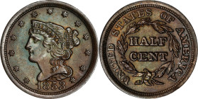 1853 Braided Hair Half Cent. AU-58 Details--Cleaned (ANACS).

PCGS# 1227. NGC ID: 26YX.