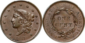 1837 Modified Matron Head Cent. Plain Cords, Medium Letters. MS-63 BN (PCGS).

PCGS# 1735.