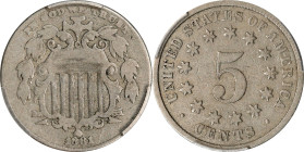 1881 Shield Nickel. VG-10 (PCGS).

PCGS# 3811. NGC ID: 276F.