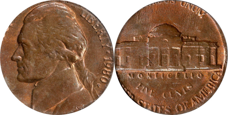 1980-P Jefferson Nickel. Struck on a Cent Planchet. MS-64 RB (PCGS).