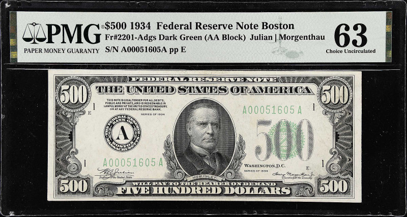 Fr. 2201-Adgs. 1934 Dark Green Seal $500 Federal Reserve Note. Boston. PMG Choic...