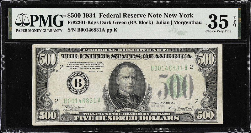 Fr. 2201-Bdgs. 1934 Dark Green Seal $500 Federal Reserve Note. New York. PMG Cho...