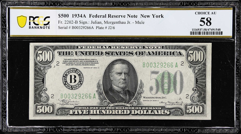 Fr. 2202-B. 1934A $500 Federal Reserve Mule Note. New York. PCGS Banknote Choice...