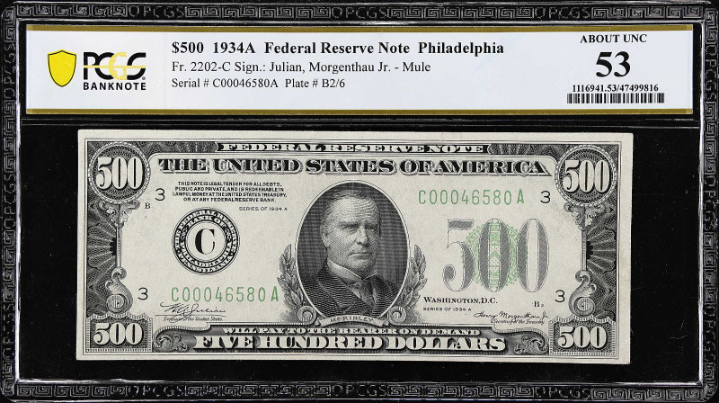 Fr. 2202-C. 1934A $500 Federal Reserve Mule Note. Philadelphia. PCGS Banknote Ab...