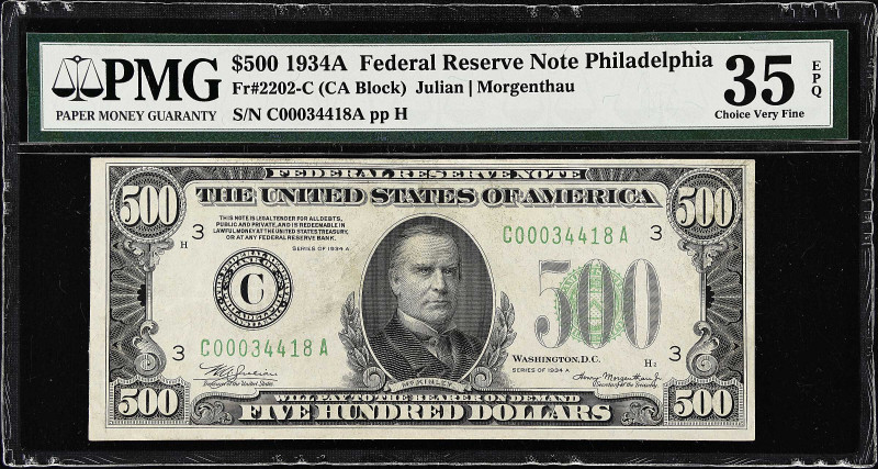 Fr. 2202-C. 1934A $500 Federal Reserve Note. Philadelphia. PMG Choice Very Fine ...