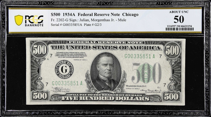 Fr. 2202-G. 1934A $500 Federal Reserve Mule Note. Chicago. PCGS Banknote About U...