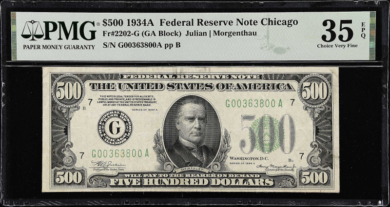 Fr. 2202-G. 1934A $500 Federal Reserve Note. Chicago. PMG Choice Very Fine 35 EP...