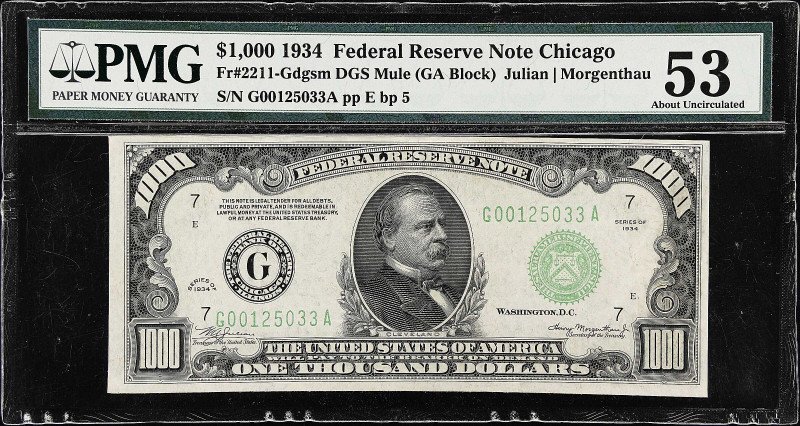 Fr. 2211-Gdgsm. 1934 Dark Green Seal $1000 Federal Reserve Mule Note. Chicago. P...