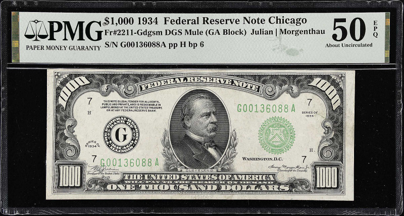 Fr. 2211-Gdgsm. 1934 Dark Green Seal $1000 Federal Reserve Mule Note. Chicago. P...