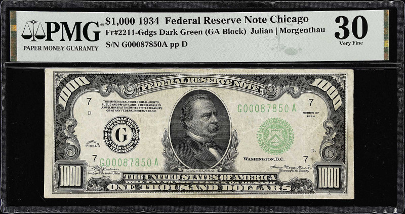 Fr. 2211-Gdgs. 1934 Dark Green Seal $1000 Federal Reserve Note. Chicago. PMG Ver...