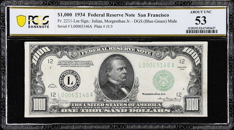 Fr. 2211-Lm. 1934 Dark Green Seal $1000 Federal Reserve Mule Note. San Francisco...