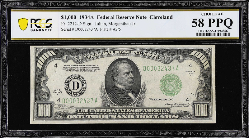 Fr. 2212-D. 1934A $1000 Federal Reserve Note. Cleveland. PCGS Banknote Choice Ab...