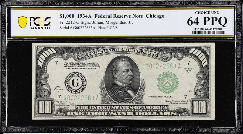 Fr. 2212-G. 1934A $1000 Federal Reserve Note. Chicago. PCGS Banknote Choice Unci...