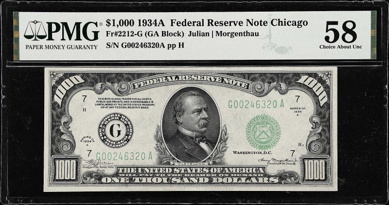 Fr. 2212-G. 1934A $1000 Federal Reserve Note. Chicago. PMG Choice About Uncircul...