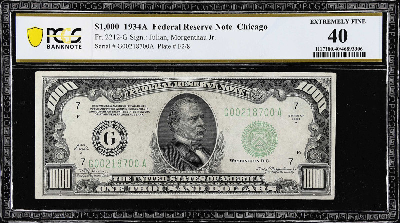 Fr. 2212-G. 1934A $1000 Federal Reserve Note. Chicago. PCGS Banknote Extremely F...