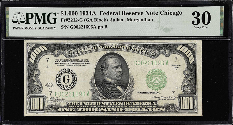 Fr. 2212-G. 1934A $1000 Federal Reserve Note. Chicago. PMG Very Fine 30.

Esti...