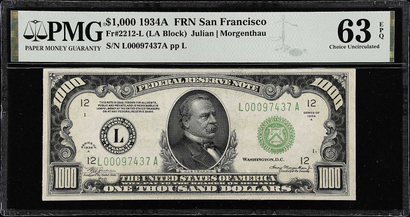 Fr. 2212-L. 1934A $1000 Federal Reserve Note. San Francisco. PMG Choice Uncircul...