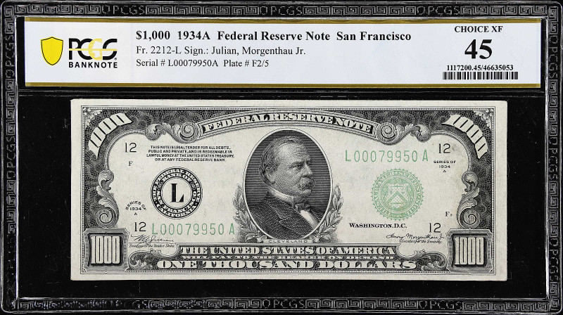 Fr. 2212-L. 1934A $1000 Federal Reserve Note. San Francisco. PCGS Banknote Choic...