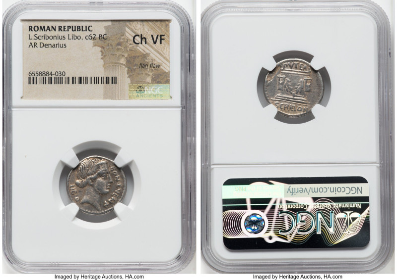 L. Scribonius Libo (ca. 62 BC). AR denarius (19mm, 7h). NGC Choice VF, flan flaw...