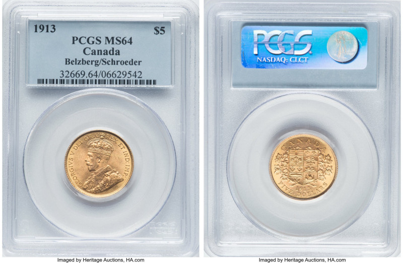 George V gold 5 Dollars 1913 MS64 PCGS, Ottawa mint, KM26. An outstanding offeri...