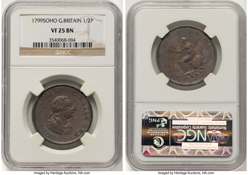 Pair of Certified Assorted 1/2 Pennies NGC, 1) George III 1/2 Penny 1799 - VF25 ...