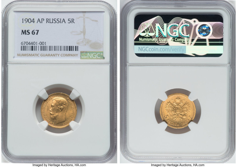 Nicholas II gold 5 Roubles 1904-AP MS67 NGC, St. Petersburg mint, KM-Y62, Fr-180...