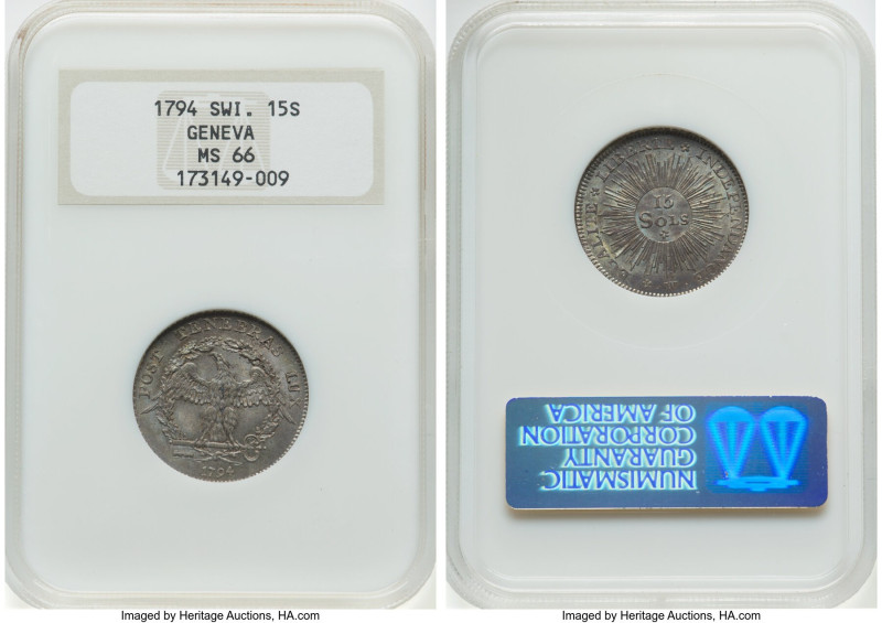 Geneva. Canton silver "Revolutionary Coinage" 15 Sols 1794-W MS66 NGC, KM97. Tie...